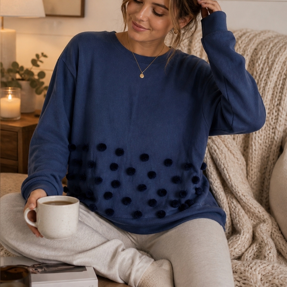 South Parade Blue Pom Pom Sweater Women’s Medium Cotton Crewneck Cozy Pullover